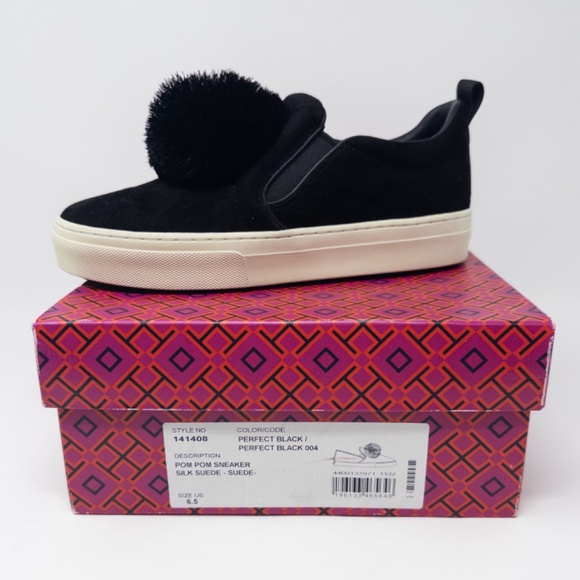 Tory Burch Pom Pom Sneaker Silk Perfect Black White Suede Women Size 6.5 - Picture 8 of 8